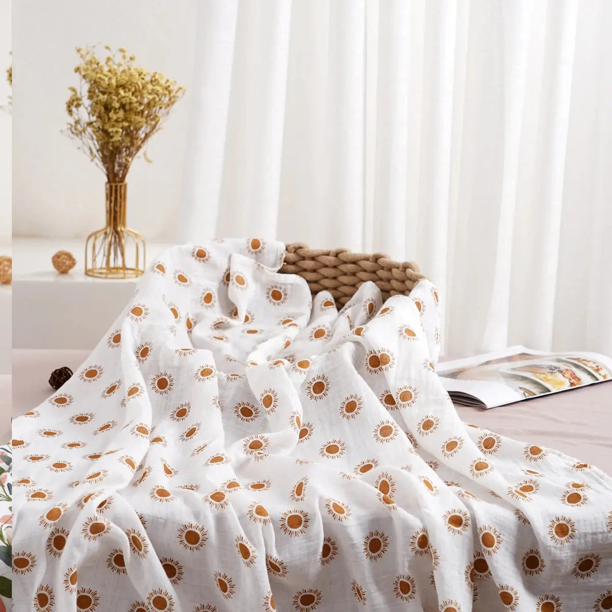 Soft bamboo cotton baby muslin swaddle blanket with cute print, 120x110cm, ideal as a baby towel or wrap.