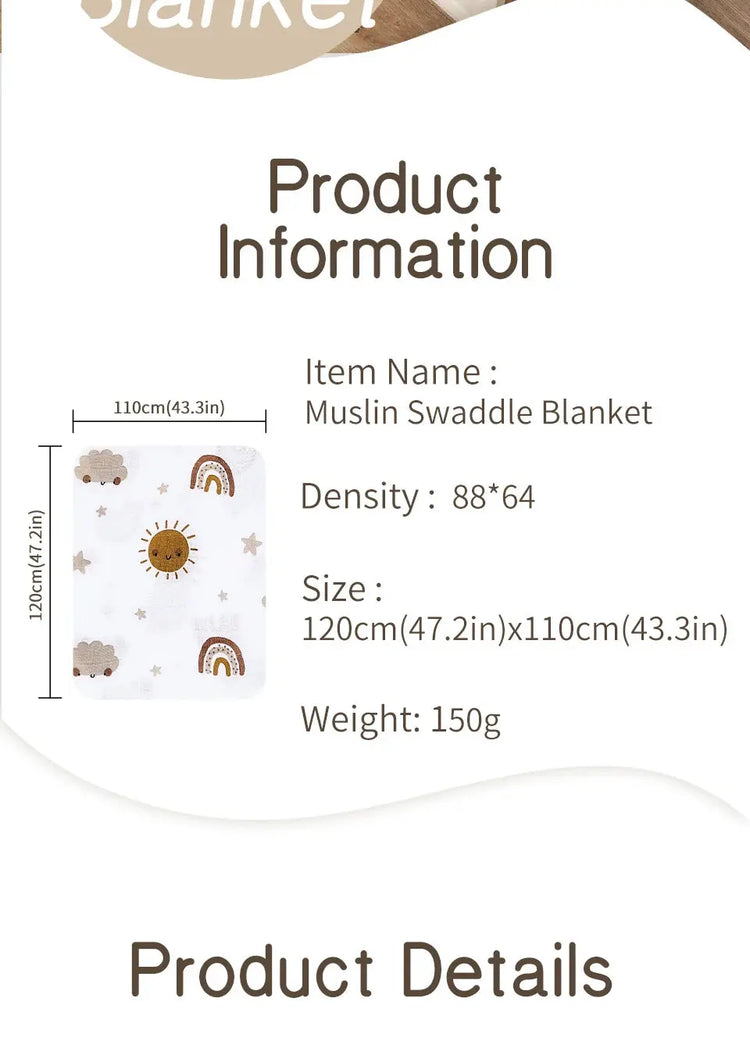 120x110cm Bamboo Cotton Baby Muslin Swaddle Blanket Cute Soft Print Baby Towel Wrap SHOPEZRA L.L.C.