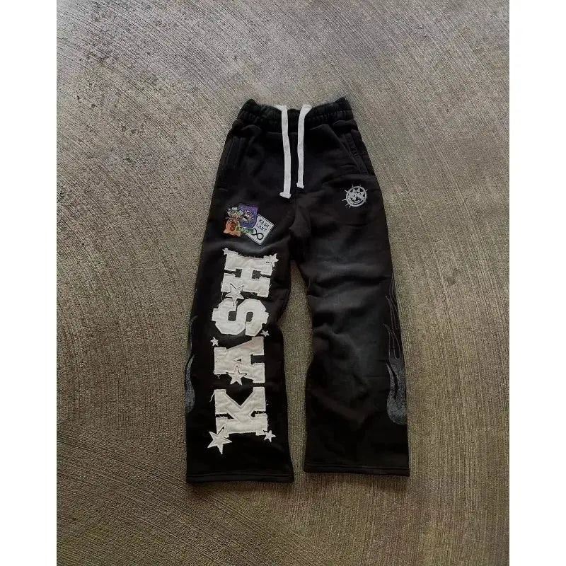 Men's 3D printed straight-leg streetwear pants featuring retro gothic punk style, loose fit, in summer fashion colors and patterns.
