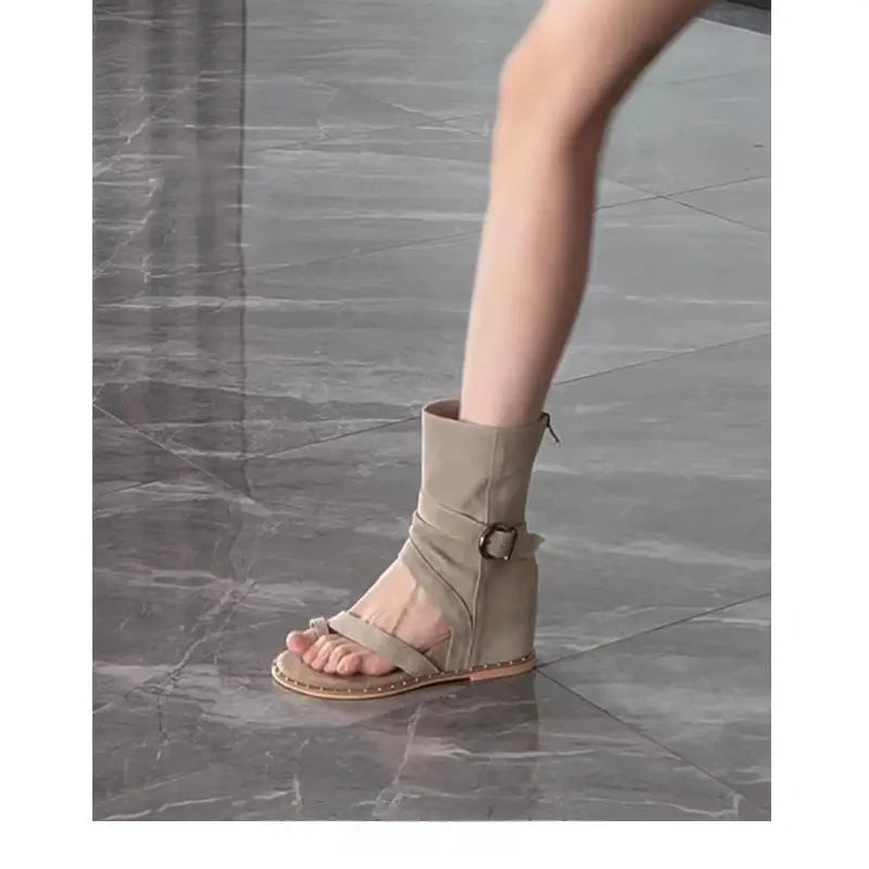 Shopezra L.L.C. khaki wedge heel sandals for women with thong-toe design, Roman-inspired height-increasing summer shoes.
