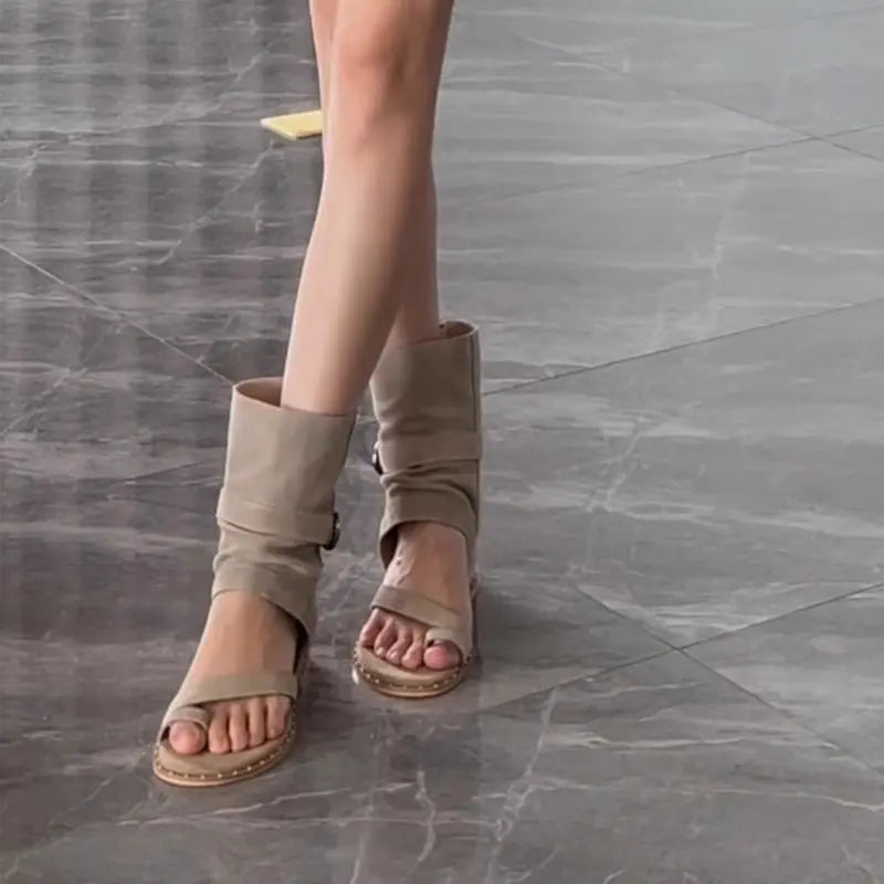Khaki wedge heel sandals for women featuring a thong toe design, Roman style, and summer flat shoes with height-increasing features.