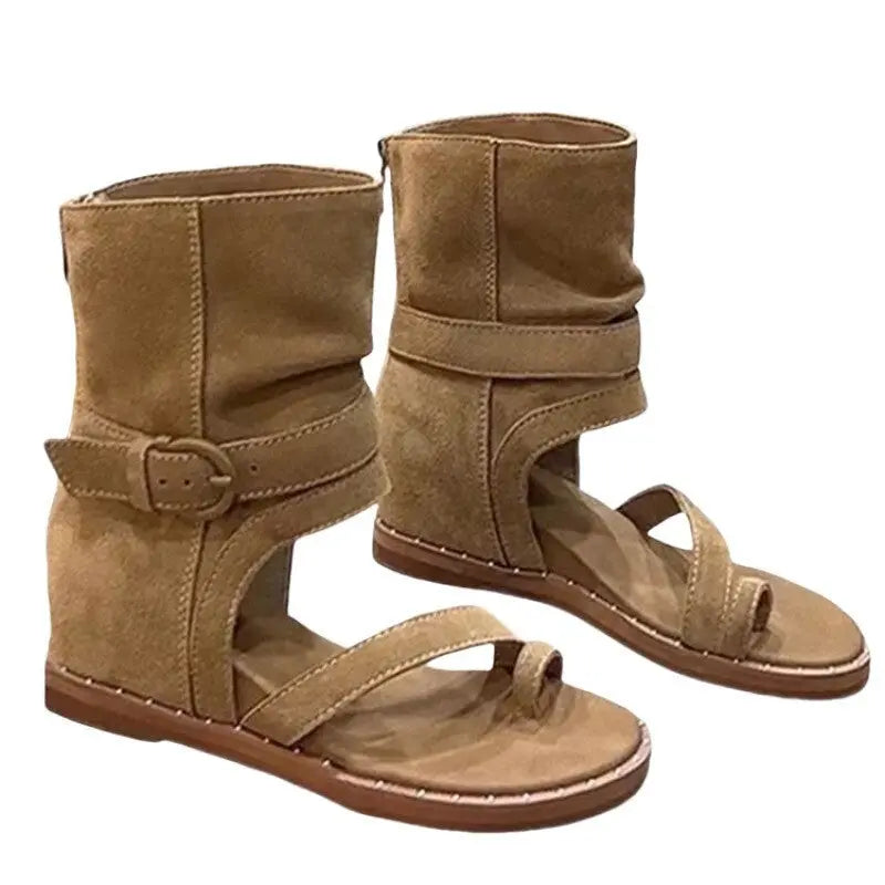 Shopezra L.L.C. khaki wedge heel sandals for women with thong toe design, Roman style, summer boots, and French short boot look.