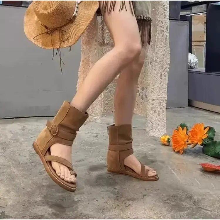 Khaki wedge heel sandals for women with thong-toe design, featuring Roman-inspired and French short boot styles for summer wear.