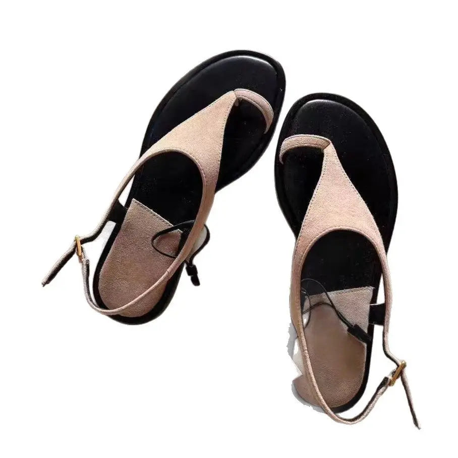 Leather thong sandals for women, in khaki, with flat suede soles, Roman style, summer outdoor footwear by SHOPEZRA L.L.C.