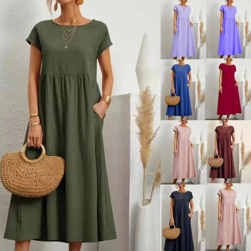 Khaki cotton linen women's casual midi sundress with short sleeves, loose A-line fit, pockets, and oversized long style.