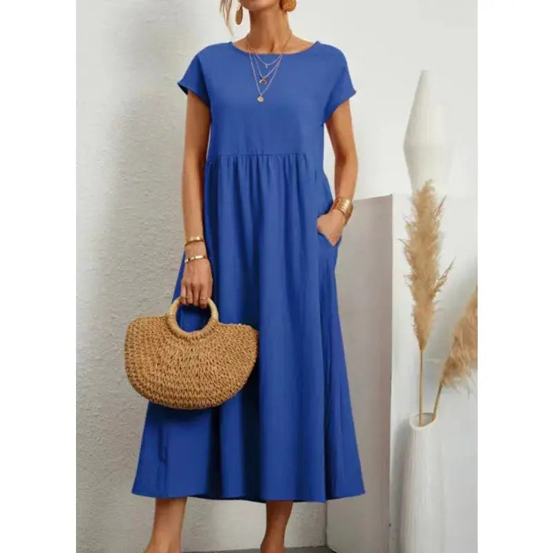 Khaki cotton linen midi casual sundress for women with short sleeves, loose fit, A-line style, with pockets and oversized design.
