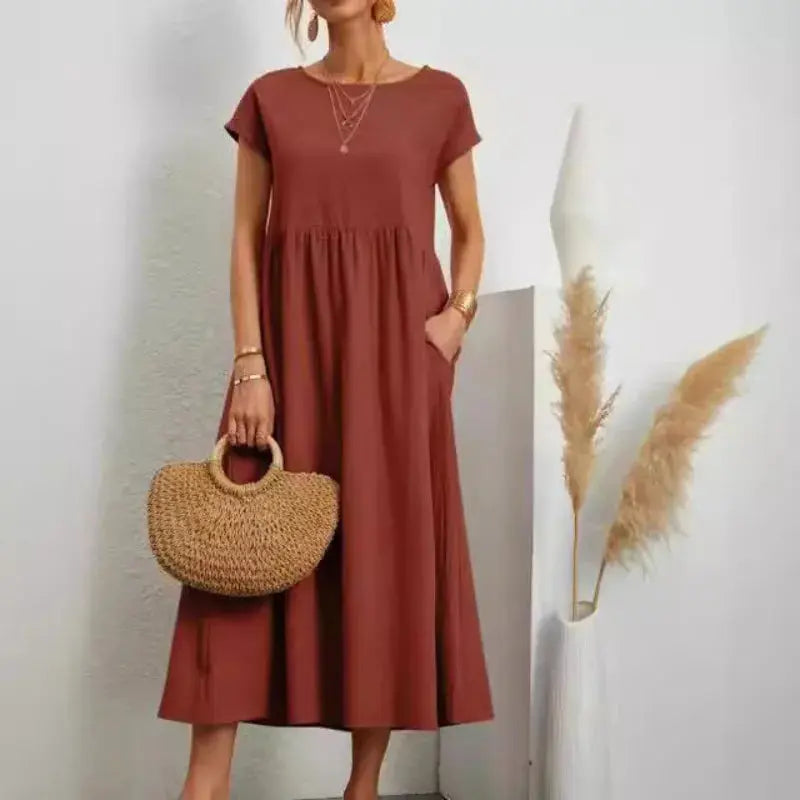 Khaki cotton linen midi casual sundress for women with short sleeves, loose fit, A-line style, pockets, and oversized design.