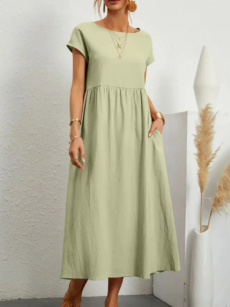 Khaki cotton linen women's midi sundress with short sleeves, loose A-line fit, pockets, and oversized long design by SHOPEZRA L.L.C.