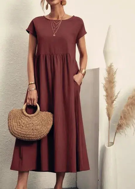 Khaki cotton linen midi sundress for women with short sleeves, loose fit, A-line design, pockets, and oversized style.