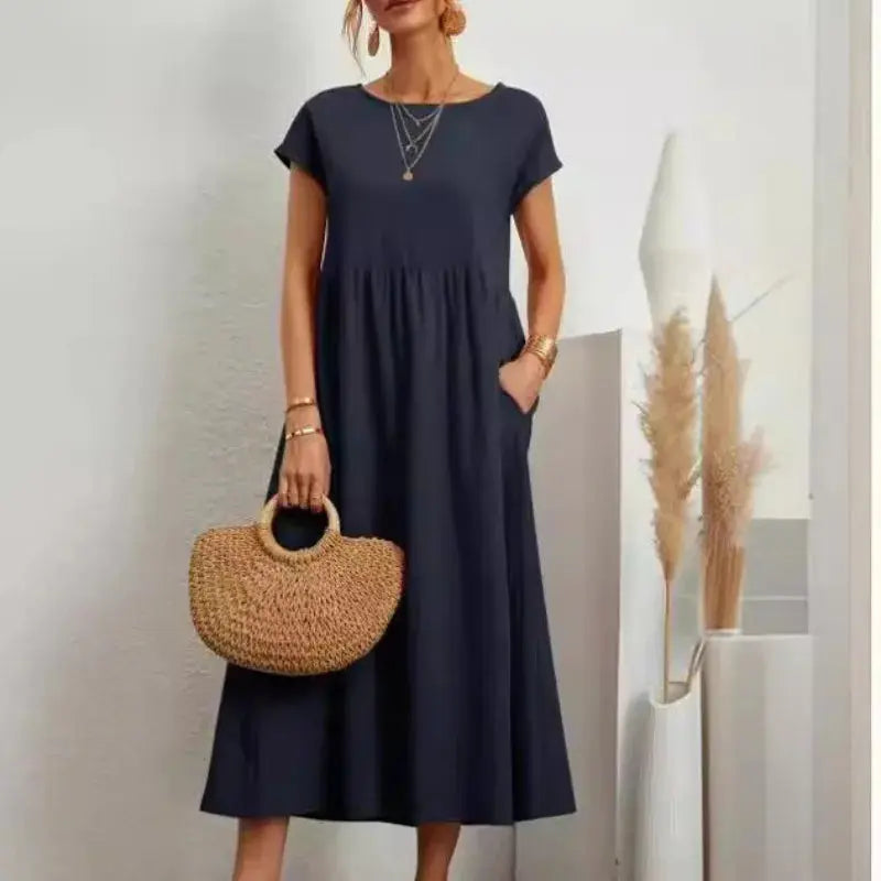 Cotton linen khaki midi casual sundress for women with short sleeves, loose fit, A-line design, pockets, and oversized style.