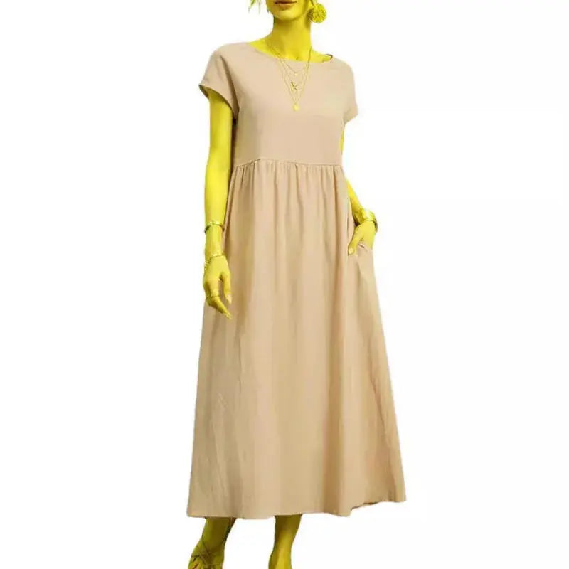 Khaki cotton linen midi sundress for women with short sleeves, loose fit, A-line design, pockets, and oversized style by SHOPEZRA L.L.C.