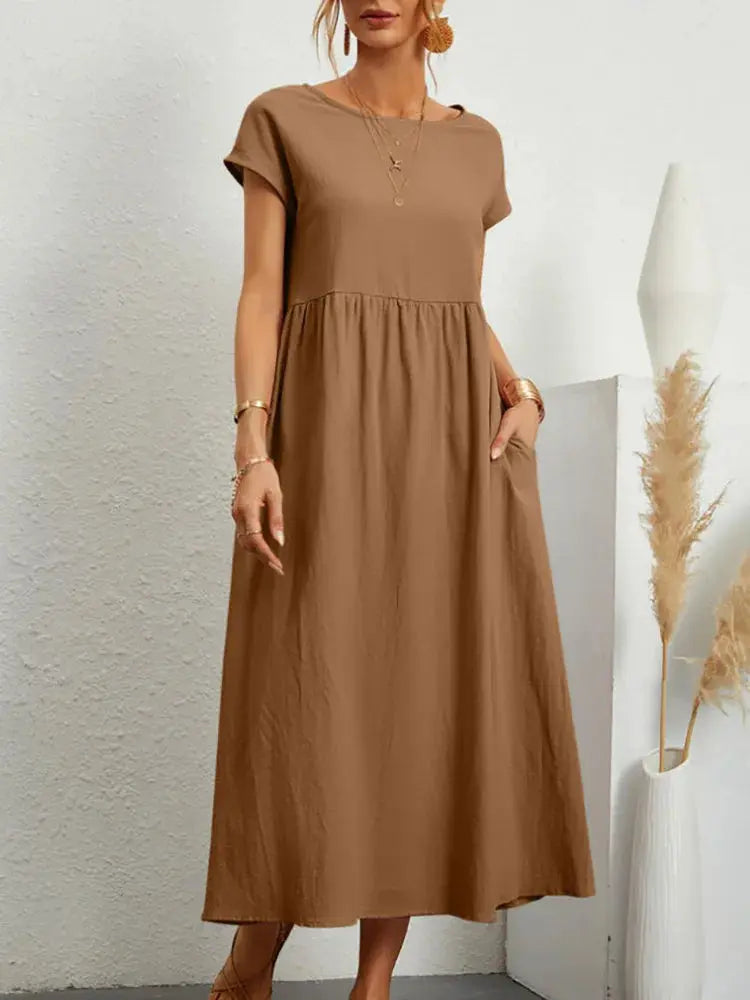 Khaki cotton linen women’s midi casual sundress with short sleeves, loose fit, A-line style, pockets, oversized long dress