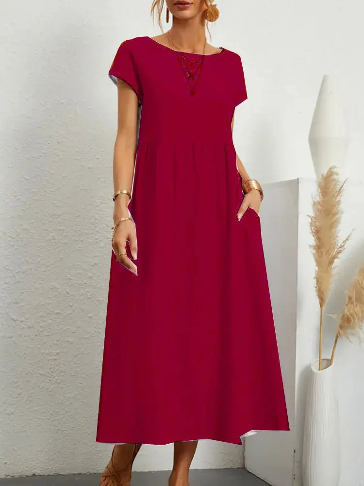 Khaki cotton linen midi casual women's sundress with short sleeves, loose A-line fit, pockets, and oversized long style.