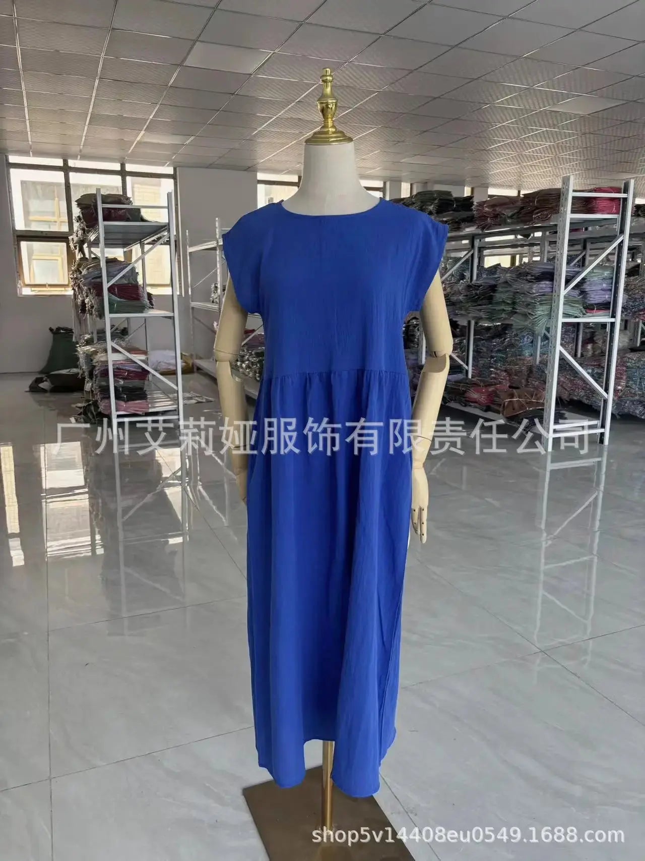 Shopezra L.L.C. khaki cotton linen midi casual women's sundress with short sleeves, loose fit, A-line style, and pockets.