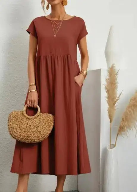 Khaki cotton linen midi casual sundress for women with short sleeves, loose fit, A-line style, pockets, and oversized design.