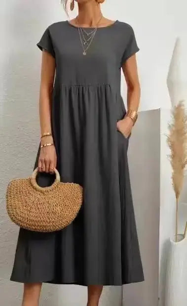 Khaki cotton linen midi sundress for women, casual short sleeve loose A-line dress with pockets and oversized fit.