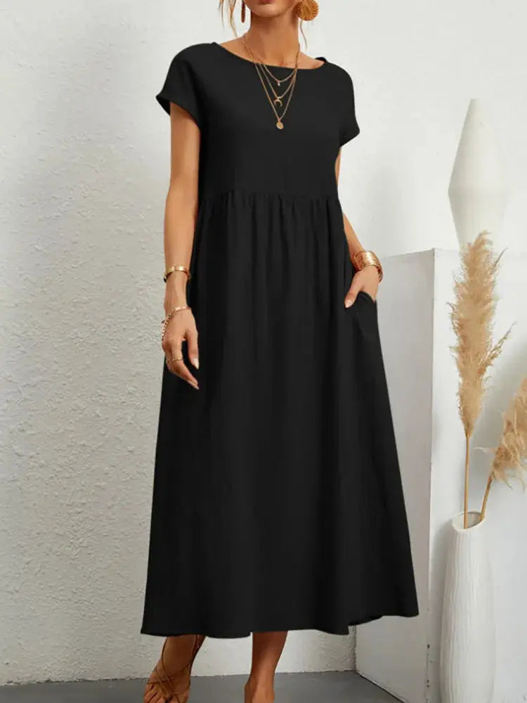 Khaki cotton-linen midi casual sundress for women, short sleeves, loose A-line style with pockets, oversized long dress by SHOPEZRA L.L.C.