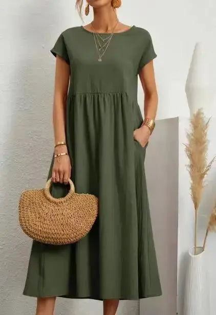 Khaki cotton linen midi casual sundress for women, short sleeves, loose A-line fit with pockets, oversized solid color dress.