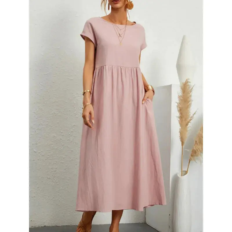 Khaki cotton linen midi sundress for women with short sleeves, loose fit, A-line style, pockets, and oversized design.