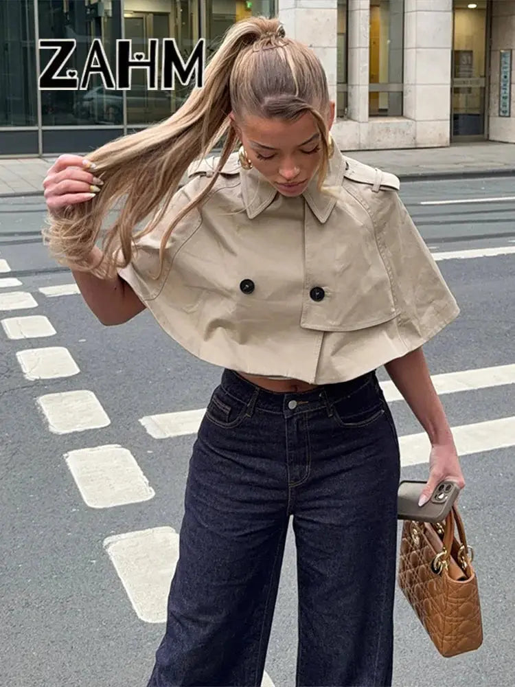 Khaki casual women's coat with turn-down collar and double buttons, featuring a street-style crop top design for spring and summer.
