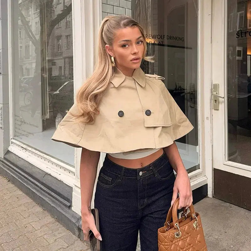 Khaki women's casual coat with turn-down collar, double buttons, street style crop top by SHOPEZRA L.L.C. for spring summer fashion