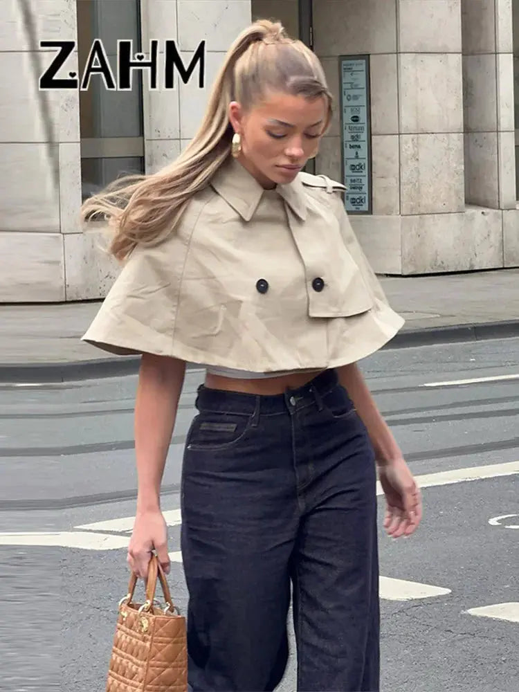 Khaki casual women's coat with turn-down collar and double buttons, featuring a street-style crop top design for spring summer fashion.