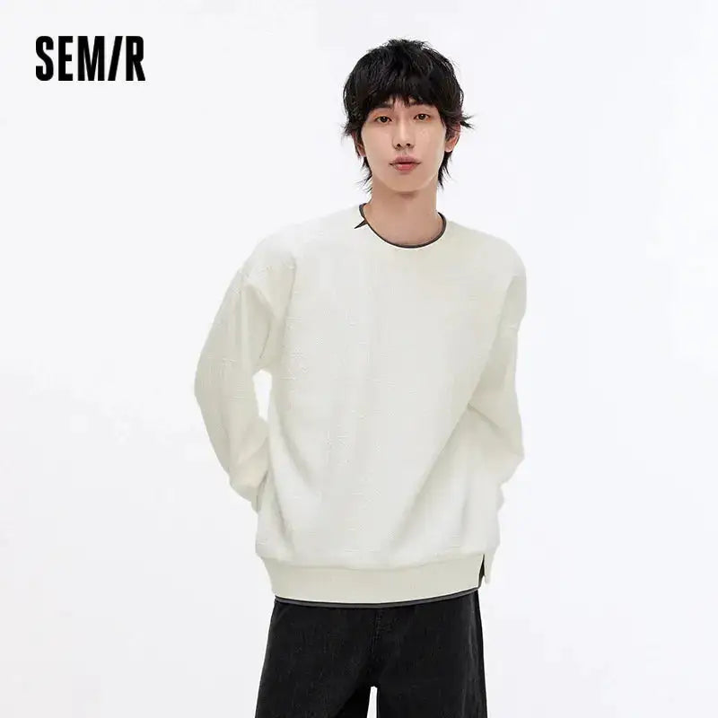 Semir Hoodie Men Color Block Fake Two Piece 2025 Autumn New Textured Letter Jacquard Casual Top by Dropshipman