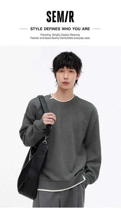 Semir Hoodie Men Color Block Fake Two Piece 2025 Autumn New Textured Letter Jacquard Casual Top by Dropshipman