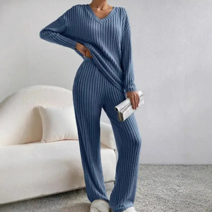 Fashionable Knitted Two-Piece Set Casual V-Neck Long Pants Autumn Winter New Style Loose Fit Korean Style Comfortable Polyester by Dropshipman