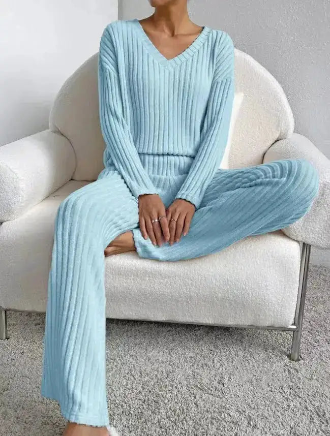 Fashionable Knitted Two-Piece Set Casual V-Neck Long Pants Autumn Winter New Style Loose Fit Korean Style Comfortable Polyester by Dropshipman