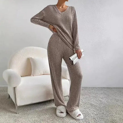 Fashionable Knitted Two-Piece Set Casual V-Neck Long Pants Autumn Winter New Style Loose Fit Korean Style Comfortable Polyester by Dropshipman
