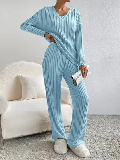 Fashionable Knitted Two-Piece Set Casual V-Neck Long Pants Autumn Winter New Style Loose Fit Korean Style Comfortable Polyester by Dropshipman
