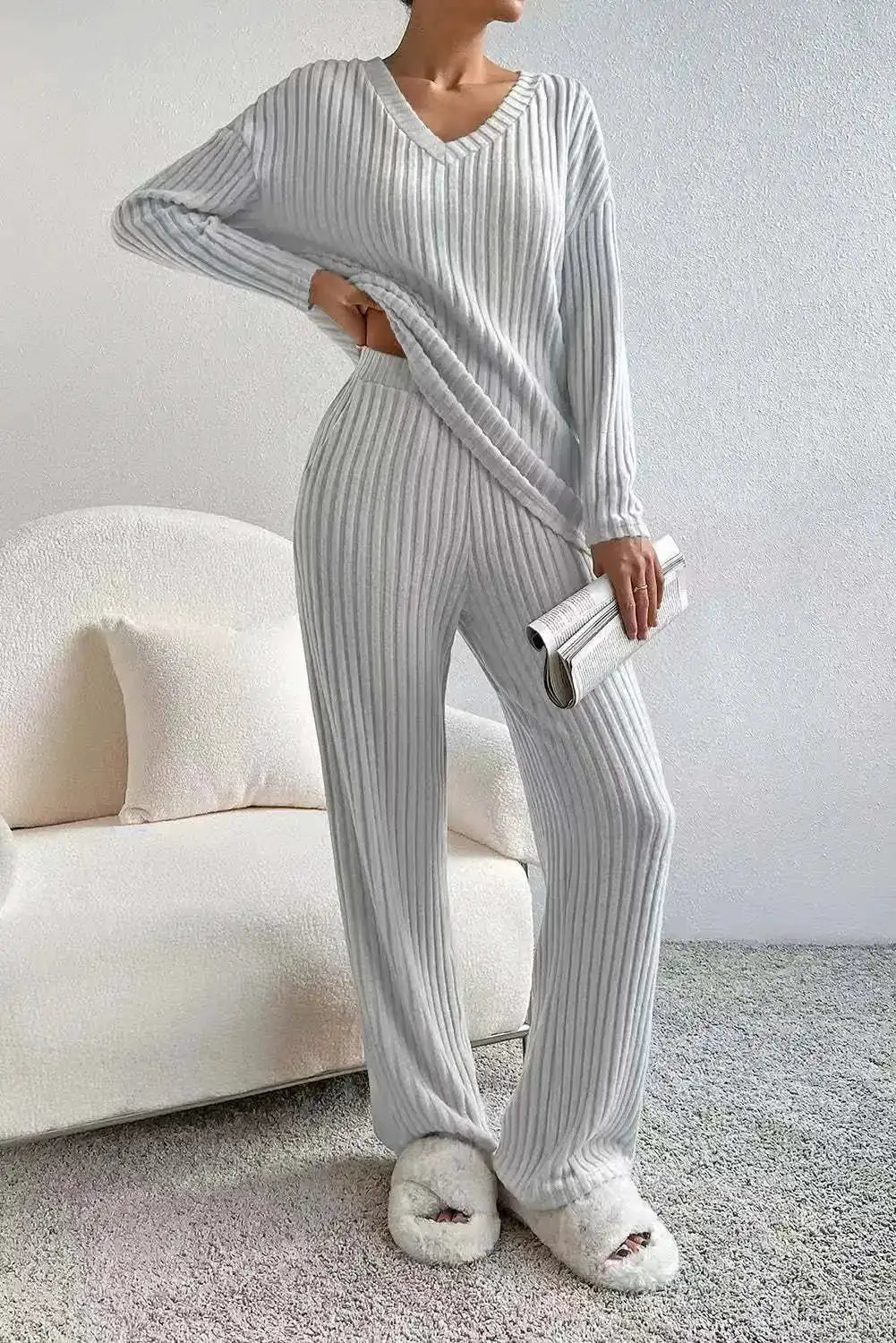 Fashionable Knitted Two-Piece Set Casual V-Neck Long Pants Autumn Winter New Style Loose Fit Korean Style Comfortable Polyester by Dropshipman