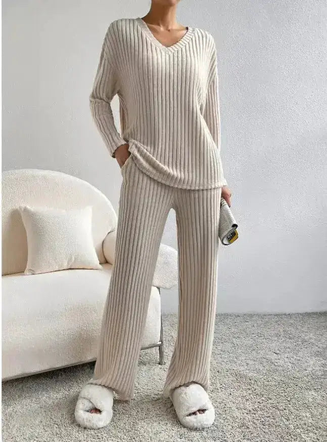 Fashionable Knitted Two-Piece Set Casual V-Neck Long Pants Autumn Winter New Style Loose Fit Korean Style Comfortable Polyester by Dropshipman