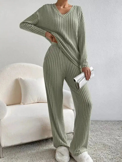 Fashionable Knitted Two-Piece Set Casual V-Neck Long Pants Autumn Winter New Style Loose Fit Korean Style Comfortable Polyester by Dropshipman