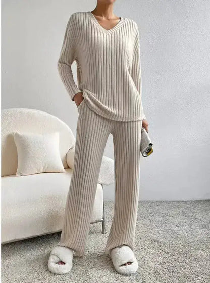 Fashionable Knitted Two-Piece Set Casual V-Neck Long Pants Autumn Winter New Style Loose Fit Korean Style Comfortable Polyester by Dropshipman