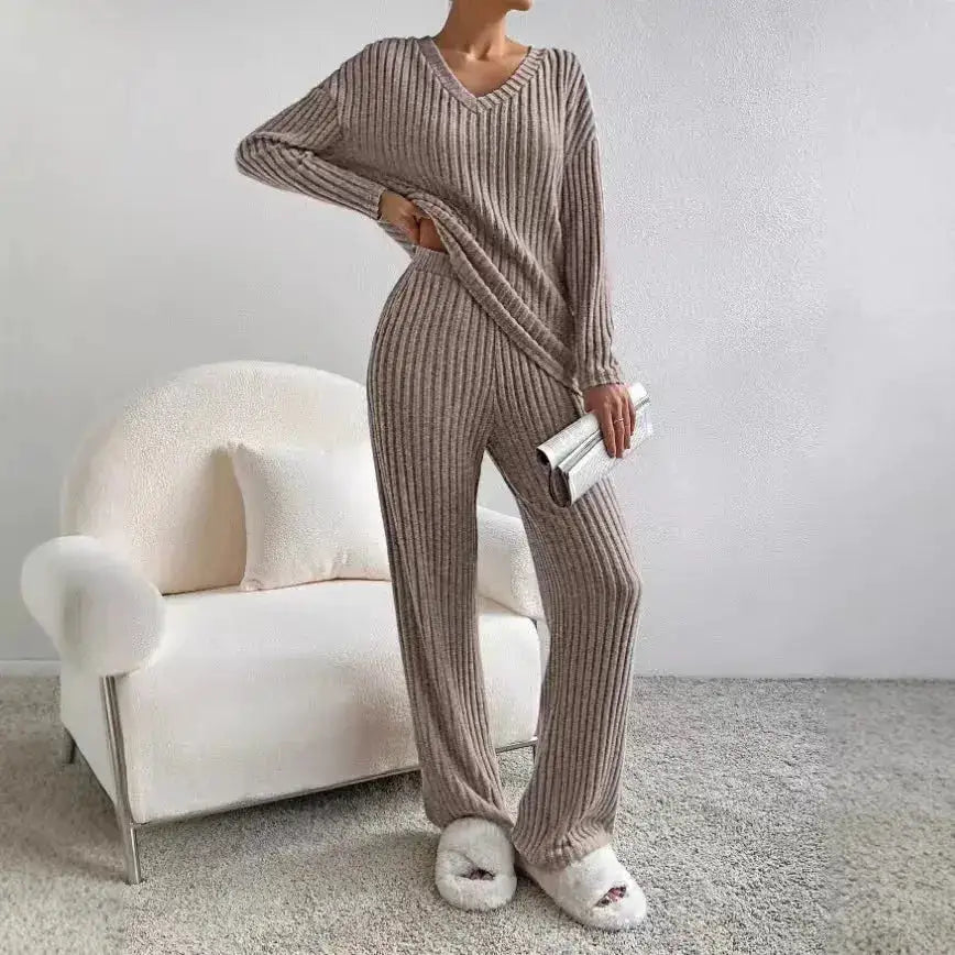 Fashionable Knitted Two-Piece Set Casual V-Neck Long Pants Autumn Winter New Style Loose Fit Korean Style Comfortable Polyester by Dropshipman