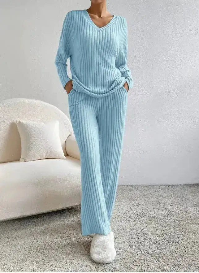 Fashionable Knitted Two-Piece Set Casual V-Neck Long Pants Autumn Winter New Style Loose Fit Korean Style Comfortable Polyester by Dropshipman