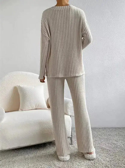 Fashionable Knitted Two-Piece Set Casual V-Neck Long Pants Autumn Winter New Style Loose Fit Korean Style Comfortable Polyester by Dropshipman