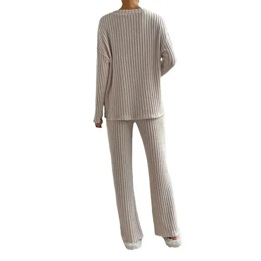 Fashionable Knitted Two-Piece Set Casual V-Neck Long Pants Autumn Winter New Style Loose Fit Korean Style Comfortable Polyester by Dropshipman