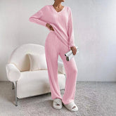 Fashionable Knitted Two-Piece Set Casual V-Neck Long Pants Autumn Winter New Style Loose Fit Korean Style Comfortable Polyester SHOPEZRA L.L.C.