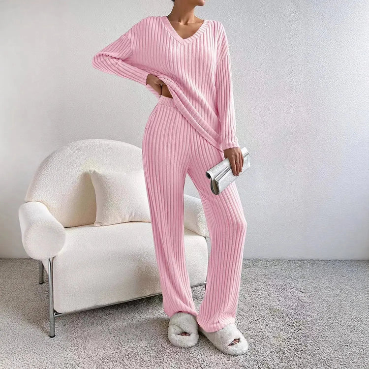 Fashionable Knitted Two-Piece Set Casual V-Neck Long Pants Autumn Winter New Style Loose Fit Korean Style Comfortable Polyester SHOPEZRA L.L.C.