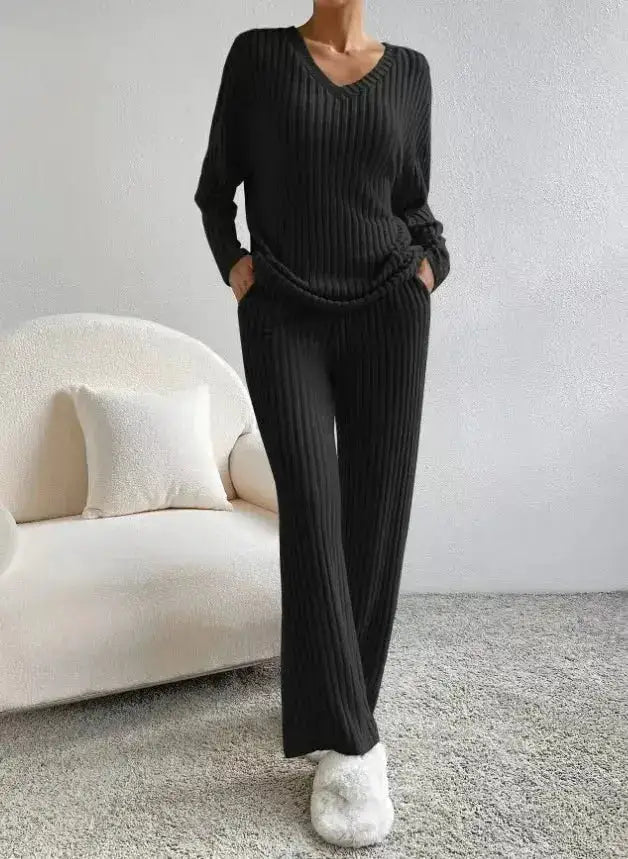 Fashionable Knitted Two-Piece Set Casual V-Neck Long Pants Autumn Winter New Style Loose Fit Korean Style Comfortable Polyester by Dropshipman