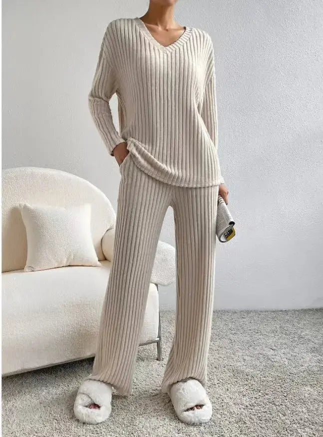 Fashionable Knitted Two-Piece Set Casual V-Neck Long Pants Autumn Winter New Style Loose Fit Korean Style Comfortable Polyester SHOPEZRA L.L.C.