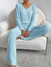 Fashionable Knitted Two-Piece Set Casual V-Neck Long Pants Autumn Winter New Style Loose Fit Korean Style Comfortable Polyester SHOPEZRA L.L.C.