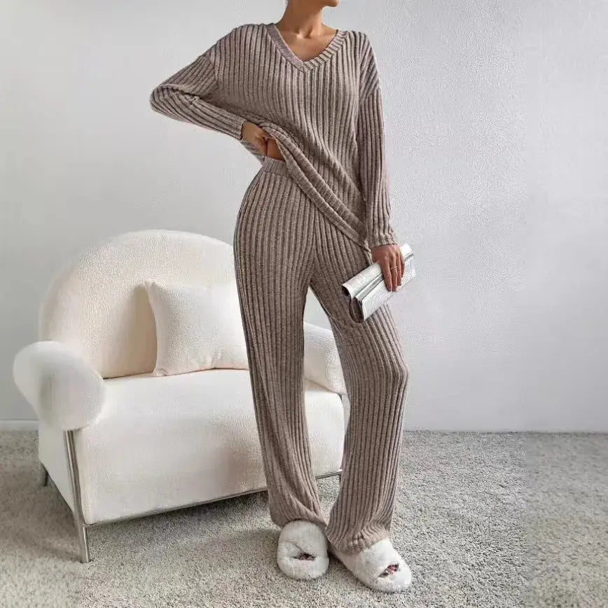 Fashionable Knitted Two-Piece Set Casual V-Neck Long Pants Autumn Winter New Style Loose Fit Korean Style Comfortable Polyester SHOPEZRA L.L.C.
