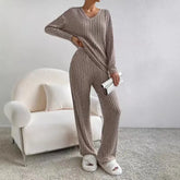Fashionable Knitted Two-Piece Set Casual V-Neck Long Pants Autumn Winter New Style Loose Fit Korean Style Comfortable Polyester SHOPEZRA L.L.C.