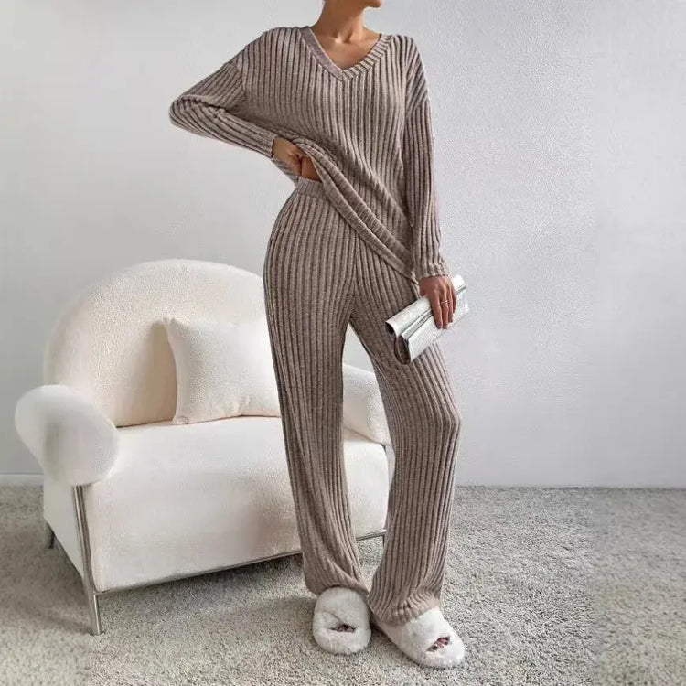 Fashionable Knitted Two-Piece Set Casual V-Neck Long Pants Autumn Winter New Style Loose Fit Korean Style Comfortable Polyester SHOPEZRA L.L.C.