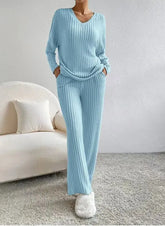 Fashionable Knitted Two-Piece Set Casual V-Neck Long Pants Autumn Winter New Style Loose Fit Korean Style Comfortable Polyester SHOPEZRA L.L.C.