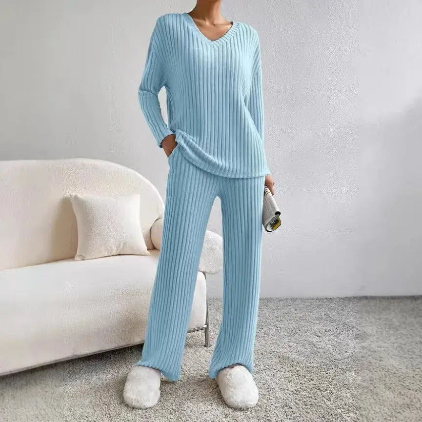 Fashionable Knitted Two-Piece Set Casual V-Neck Long Pants Autumn Winter New Style Loose Fit Korean Style Comfortable Polyester SHOPEZRA L.L.C.